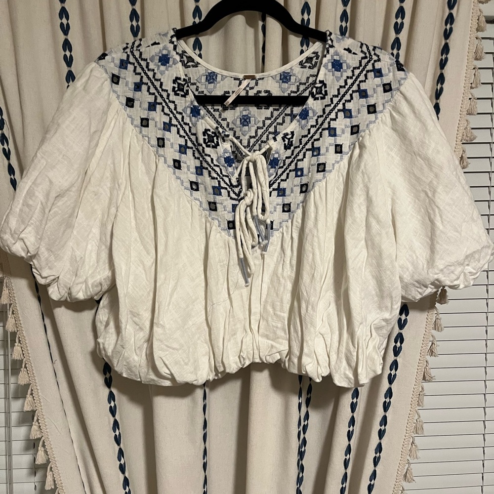 Free People Embroidered White and Blue Women's Top